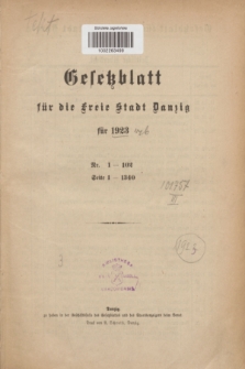 Gesetzblatt für die Freie Stadt Danzig.1923, Spis treści