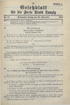 Gesetzblatt für die Freie Stadt Danzig.1933, Nr. 74 (30 September) - Ausgabe A