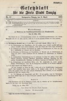 Gesetzblatt für die Freie Stadt Danzig.1935, Nr. 27 (3 April) - Ausgabe A