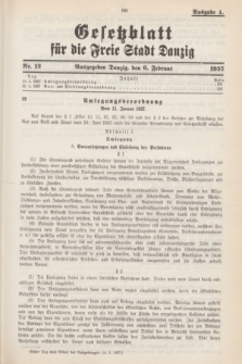 Gesetzblatt für die Freie Stadt Danzig.1937, Nr. 12 (6 Februar) - Ausgabe A