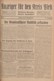 Anzeiger für den Kreis Pleß : Nikolaier Anzeiger : Plesser Stadtblatt. Jg.77, Nr. 96 (10 August 1928)