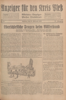 Anzeiger für den Kreis Pleß : Nikolaier Anzeiger : Plesser Stadtblatt. Jg.78, Nr. 21 (17 Februar 1929)