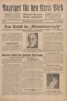 Anzeiger für den Kreis Pleß : Nikolaier Anzeiger : Plesser Stadtblatt. Jg.80, Nr. 21 (18 Februar 1931)