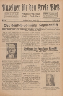 Anzeiger für den Kreis Pleß : Nikolaier Anzeiger : Plesser Stadtblatt. Jg.80, Nr. 47 (19 April 1931)