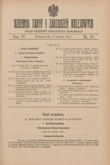 Dziennik Taryf i Zarządzeń Kolejowych : organ urzędowy Ministerstwa Komunikacji. R.6, nr 61 (15 września 1933)
