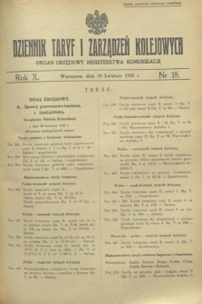 Dziennik Taryf i Zarządzeń Kolejowych : organ urzędowy Ministerstwa Komunikacji. R.10, nr 18 (29 kwietnia 1937)
