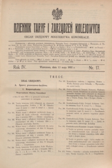 Dziennik Taryf i Zarządzeń Kolejowych : organ urzędowy Ministerstwa Komunikacji. R.4, nr 17 (13 maja 1931)