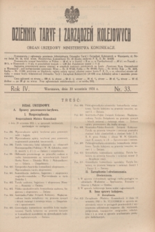 Dziennik Taryf i Zarządzeń Kolejowych : organ urzędowy Ministerstwa Komunikacji. R.4, nr 33 (30 września 1931)