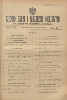 Dziennik Taryf i Zarządzeń Kolejowych : organ urzędowy Ministerstwa Komunikacji. R.8, nr 46 (15 grudnia 1935) + wkładka