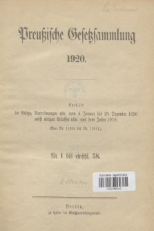 Preußische Gesetzsammlung. 1920 (Spis treści)