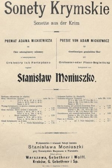Sonety krymskie : poemat Adama Mickiewicza : na chór czterogłosowy mieszany z towarzyszeniem orkiestry lub fortepianu