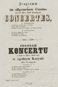 Programm des im allgemeinen Cassino am 11. März 1853 abzuhaltenen Concertes