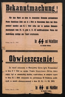 Bekanntmachung! Für den Mord an dem in deutschen Diensten gestandenen Polen Stanislaus Zbik am 8. 1. 1944 in Nawojowa Gora bei Kressendorf
