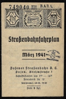 Strassenbahnfahreplan März 1941 : Verkerhrsplan der Posener Strassenbahn
