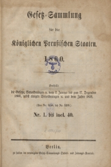 Gesetz-Sammlung für die Königlichen Preußischen Staaten. 1860, Spis treści