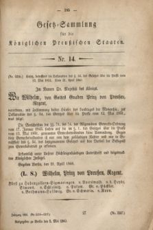 Gesetz-Sammlung für die Königlichen Preußischen Staaten. 1860, Nr. 14 (5 Mai)