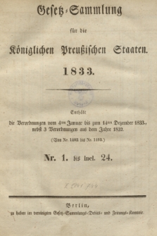 Gesetz-Sammlung für die Königlichen Preußischen Staaten. 1833, Spis treści