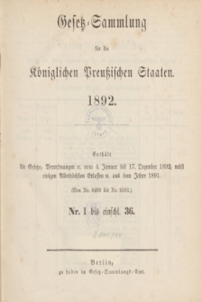 Gesetz-Sammlung für die Königlichen Preußischen Staaten. 1892, Spis treści