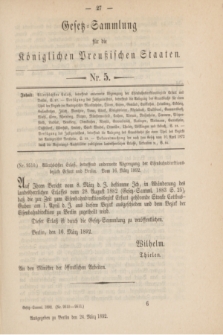Gesetz-Sammlung für die Königlichen Preußischen Staaten. 1892, Nr. 5 (24 März)