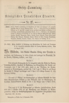 Gesetz-Sammlung für die Königlichen Preußischen Staaten. 1892, Nr. 27 (2 September)