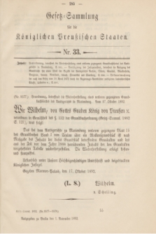 Gesetz-Sammlung für die Königlichen Preußischen Staaten. 1892, Nr. 33 (1 November)