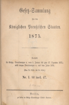 Gesetz-Sammlung für die Königlichen Preußischen Staaten. 1875, Spis treści