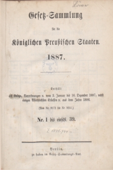 Gesetz-Sammlung für die Königlichen Preußischen Staaten. 1887, Spis treści