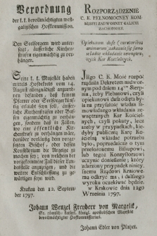 Verordnung der k. k. bevollmächtigten westgalizischen Hofkommission : Den Seelsorgern wird untersagt, äusserliche Kirchenstrasen eigenmächtig zu verhängen. [Dat.:] Krakau den 12. September 1797