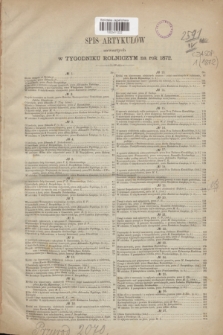 Tygodnik Rolniczy. R.1, Spis artykułów zawartych w Tygodniku Rolniczym na rok 1872