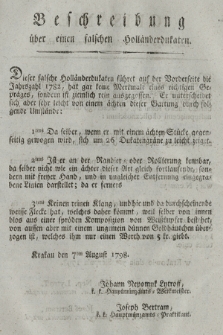 Beschreibung über einen falschen holländerdukaten. [Dat.:] Krakau den 7ten August 1798