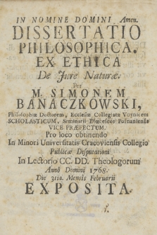 Dissertatio Philosophica. Ex Ethica De Jure Naturæ