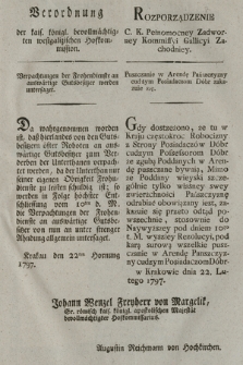 Verordnung der kais. königl. bevollmächtigten westgalizischen Hoffkommission : Verpachtungen der Frohendienste an auswärtige Gutsbesitzer werden untersaget. [Dat.:] Krakau den 22ten Hornung 1797