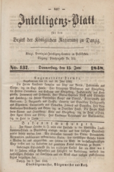 Intelligenz-Blatt für den Bezirk der Königlichen Regierung zu Danzig. 1848, No. 137 (15 Juni) + dod.