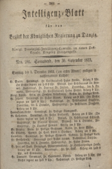 Intelligenz-Blatt für den Bezirk der Königlichen Regierung zu Danzig. 1833, Nro. 281 (30 November) + dod.