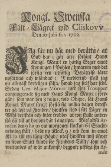 Kongl. Swenska Fält-Lägret wid Cliskovv Den 10 Julii st. v. 1702