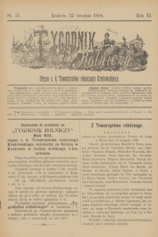 Tygodnik Rolniczy : Organ c. k. Towarzystwa rolniczego Krakowskiego. R.11, nr 51 (22 grudnia 1894)