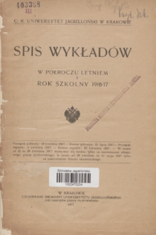 Spis Wykładów w Półroczu Letniem : rok szkolny 1916/17