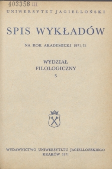 Spis Wykładów na rok akademicki 1971/72 : Wydział Filologiczny. 3