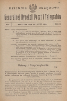 Dziennik Urzędowy Generalnej Dyrekcji Poczt i Telegrafów. R.6, № 9 (23 lutego 1924)