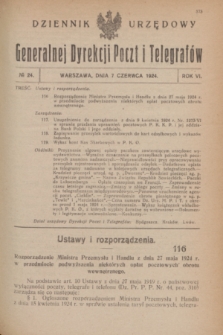 Dziennik Urzędowy Generalnej Dyrekcji Poczt i Telegrafów. R.6, № 24 (7 czerwca 1924)