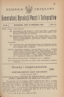 Dziennik Urzędowy Generalnej Dyrekcji Poczt i Telegrafów. R.6, № 34 (13 września 1924)