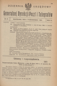 Dziennik Urzędowy Generalnej Dyrekcji Poczt i Telegrafów. R.6, № 37 (4 października 1924) + dod.