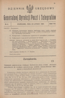 Dziennik Urzędowy Generalnej Dyrekcji Poczt i Telegrafów. R.8, nr 6 (13 lutego 1926)