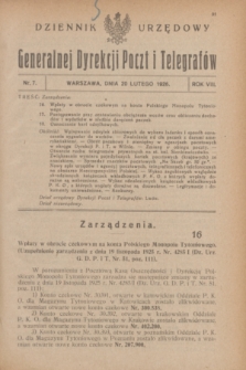Dziennik Urzędowy Generalnej Dyrekcji Poczt i Telegrafów. R.8, nr 7 (20 lutego 1926)