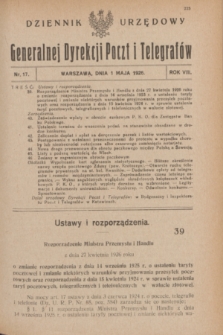 Dziennik Urzędowy Generalnej Dyrekcji Poczt i Telegrafów. R.8, nr 17 (1 maja 1926) + dod.