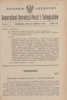 Dziennik Urzędowy Generalnej Dyrekcji Poczt i Telegrafów. R.8, nr 24 (22 czerwca 1926)