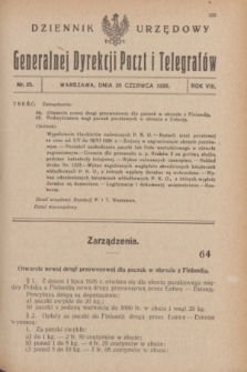 Dziennik Urzędowy Generalnej Dyrekcji Poczt i Telegrafów. R.8, nr 25 (26 czerwca 1926) + dod.