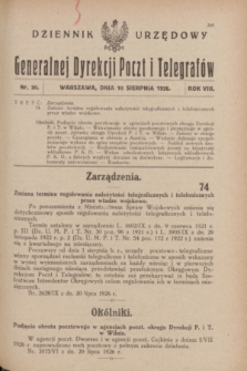 Dziennik Urzędowy Generalnej Dyrekcji Poczt i Telegrafów. R.8, nr 30 (10 sierpnia 1926)