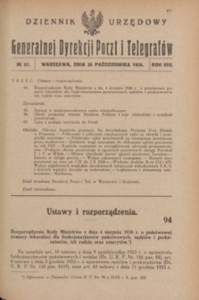 Dziennik Urzędowy Generalnej Dyrekcji Poczt i Telegrafów. R.8, № 37 (20 października 1926) + dod.