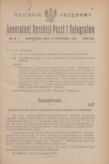 Dziennik Urzędowy Generalnej Dyrekcji Poczt i Telegrafów. R.8, № 44 (27 listopada 1926)